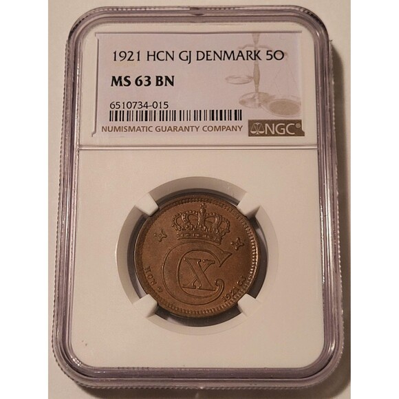 Denmark Christian X 1921 HCN GJ 5 Ore MS63 NGC - Picture 1 of 4
